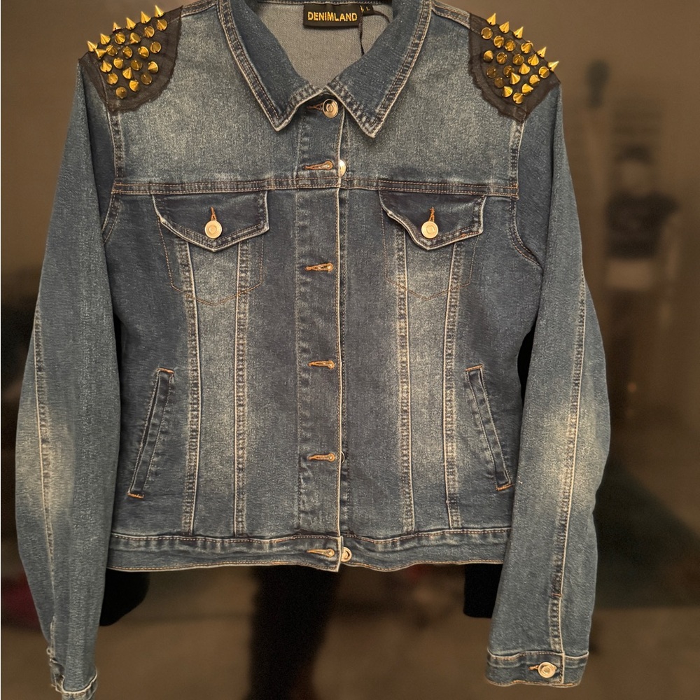 Gold Studded Blue Jean Jacket with Cropped Design